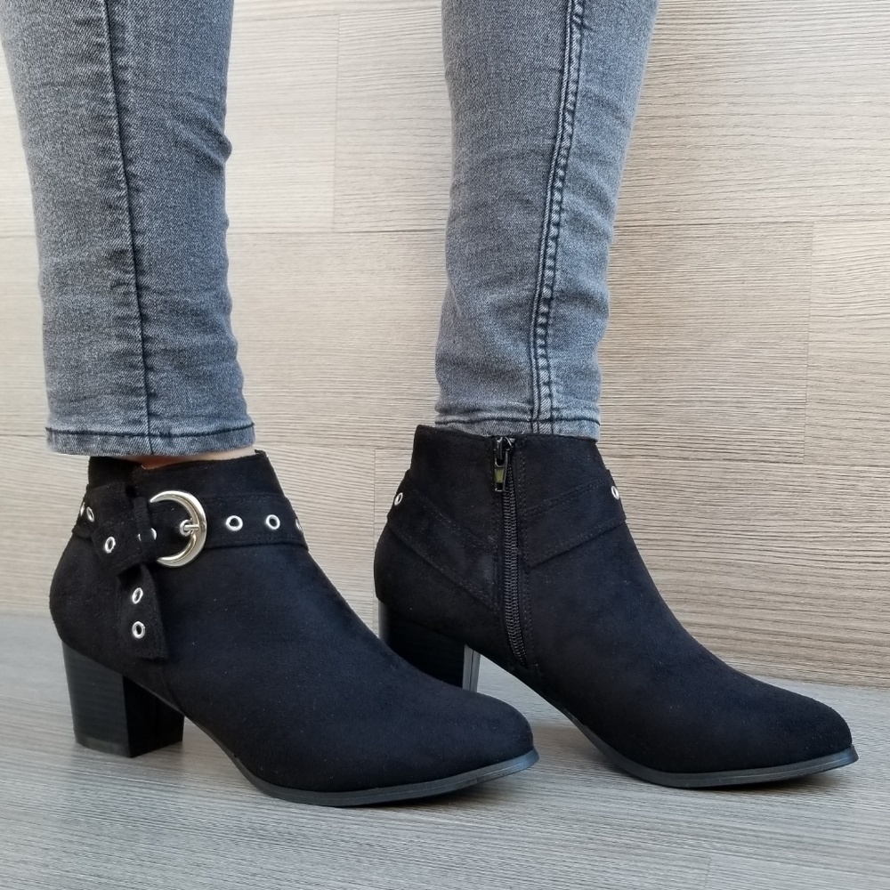 Black Vegan Suede Ankle Booties with Silver accent - Picture 4 of 8